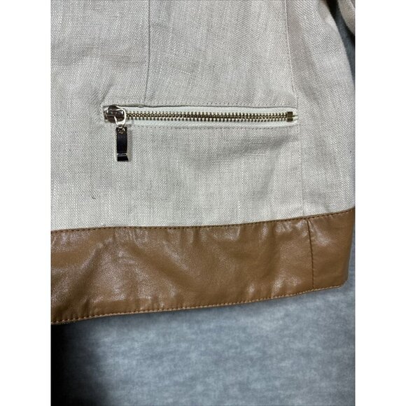 Chicos Women’s Jacket 100% Linen Beige Open Front Sz 2 L Faux Leather - Picture 2 of 6